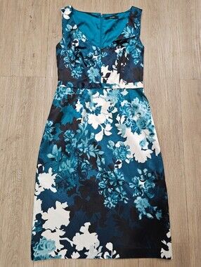 Tahari Floral Sleeveless V-Neck Dress in Teal, Navy, & White - New Without Tags